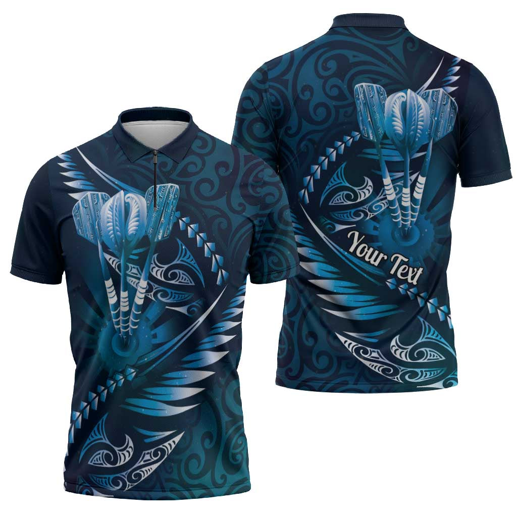 Personalised All Blue New Zealand Darts Zipper Polo Shirt Aoteroa Fern Maori Galaxy Style - Polynesian Pride