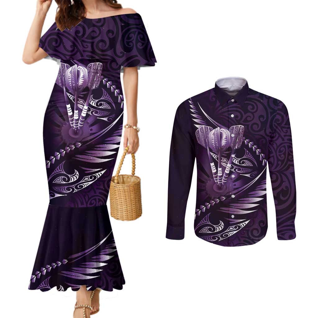 Personalised All Purple New Zealand Darts Couples Matching Mermaid Dress and Long Sleeve Button Shirt Aoteroa Fern Maori Galaxy Style