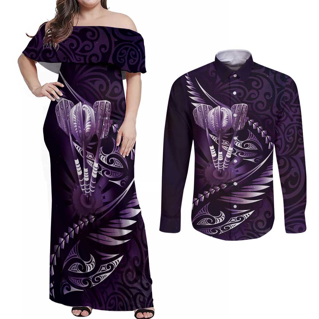 Personalised All Purple New Zealand Darts Couples Matching Off Shoulder Maxi Dress and Long Sleeve Button Shirt Aoteroa Fern Maori Galaxy Style
