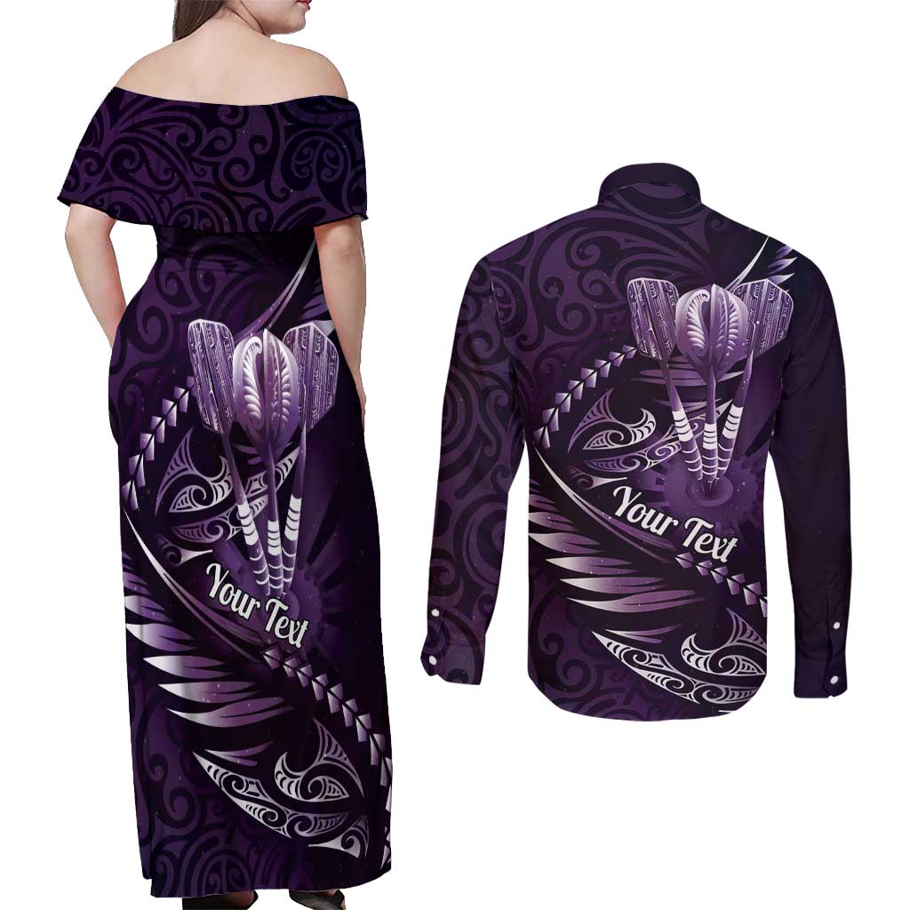 Personalised All Purple New Zealand Darts Couples Matching Off Shoulder Maxi Dress and Long Sleeve Button Shirt Aoteroa Fern Maori Galaxy Style