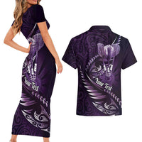 Personalised All Purple New Zealand Darts Couples Matching Short Sleeve Bodycon Dress and Hawaiian Shirt Aoteroa Fern Maori Galaxy Style