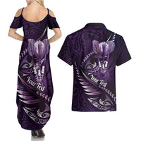 Personalised All Purple New Zealand Darts Couples Matching Summer Maxi Dress and Hawaiian Shirt Aoteroa Fern Maori Galaxy Style