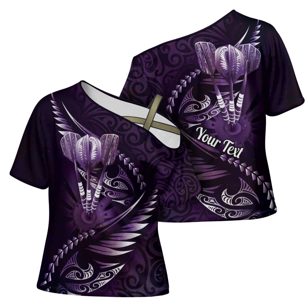 Personalised All Purple New Zealand Darts Cross Shoulder Shirt Aoteroa Fern Maori Galaxy Style - Polynesian Pride