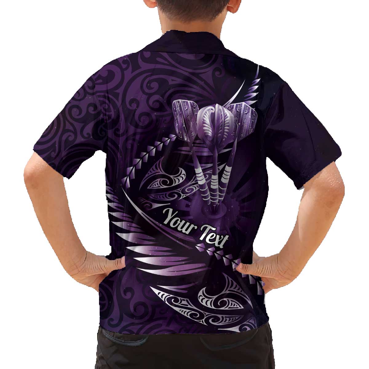 Personalised All Purple New Zealand Darts Family Matching Off The Shoulder Long Sleeve Dress and Hawaiian Shirt Aoteroa Fern Maori Galaxy Style