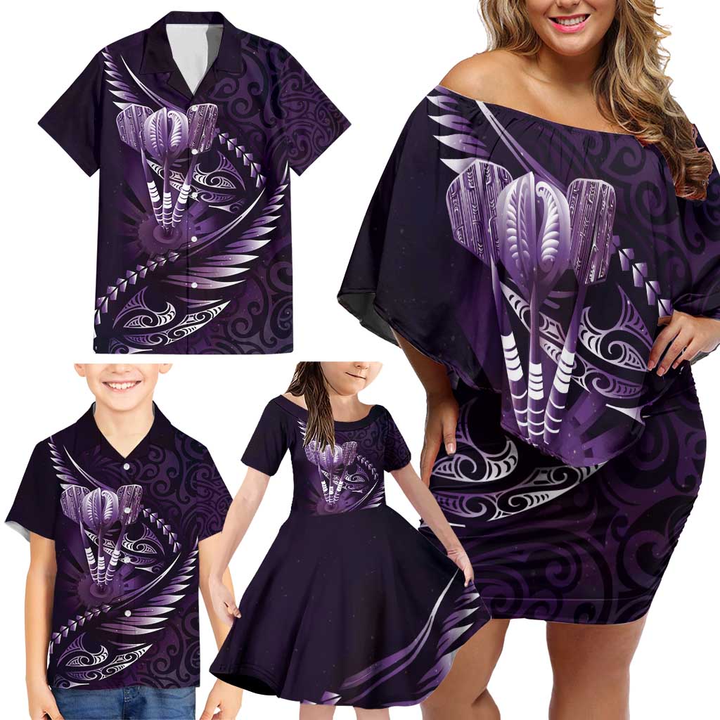 Personalised All Purple New Zealand Darts Family Matching Off Shoulder Short Dress and Hawaiian Shirt Aoteroa Fern Maori Galaxy Style