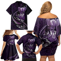 Personalised All Purple New Zealand Darts Family Matching Off Shoulder Short Dress and Hawaiian Shirt Aoteroa Fern Maori Galaxy Style
