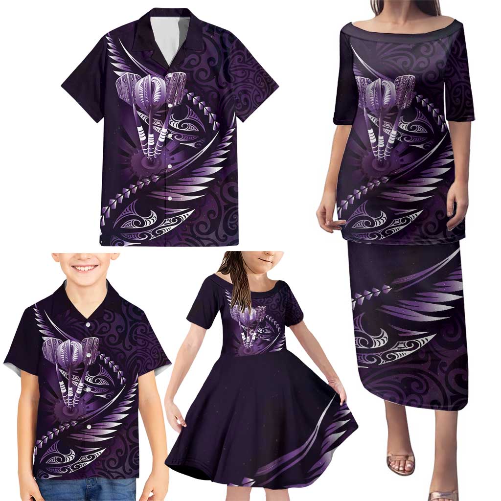 Personalised All Purple New Zealand Darts Family Matching Puletasi and Hawaiian Shirt Aoteroa Fern Maori Galaxy Style