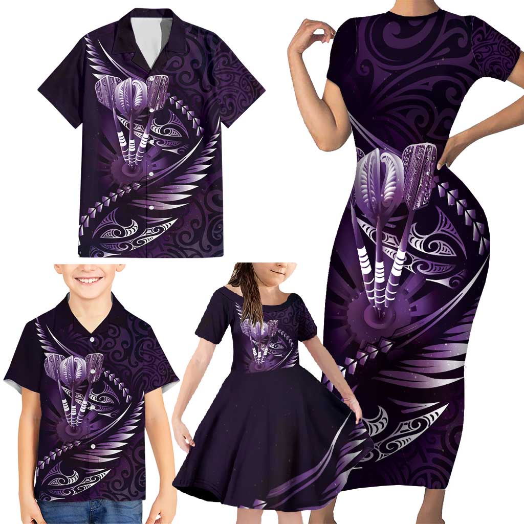 Personalised All Purple New Zealand Darts Family Matching Short Sleeve Bodycon Dress and Hawaiian Shirt Aoteroa Fern Maori Galaxy Style