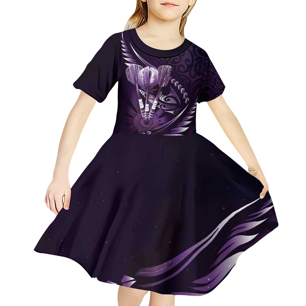 Personalised All Purple New Zealand Darts Kid Short Sleeve Dress Aoteroa Fern Maori Galaxy Style