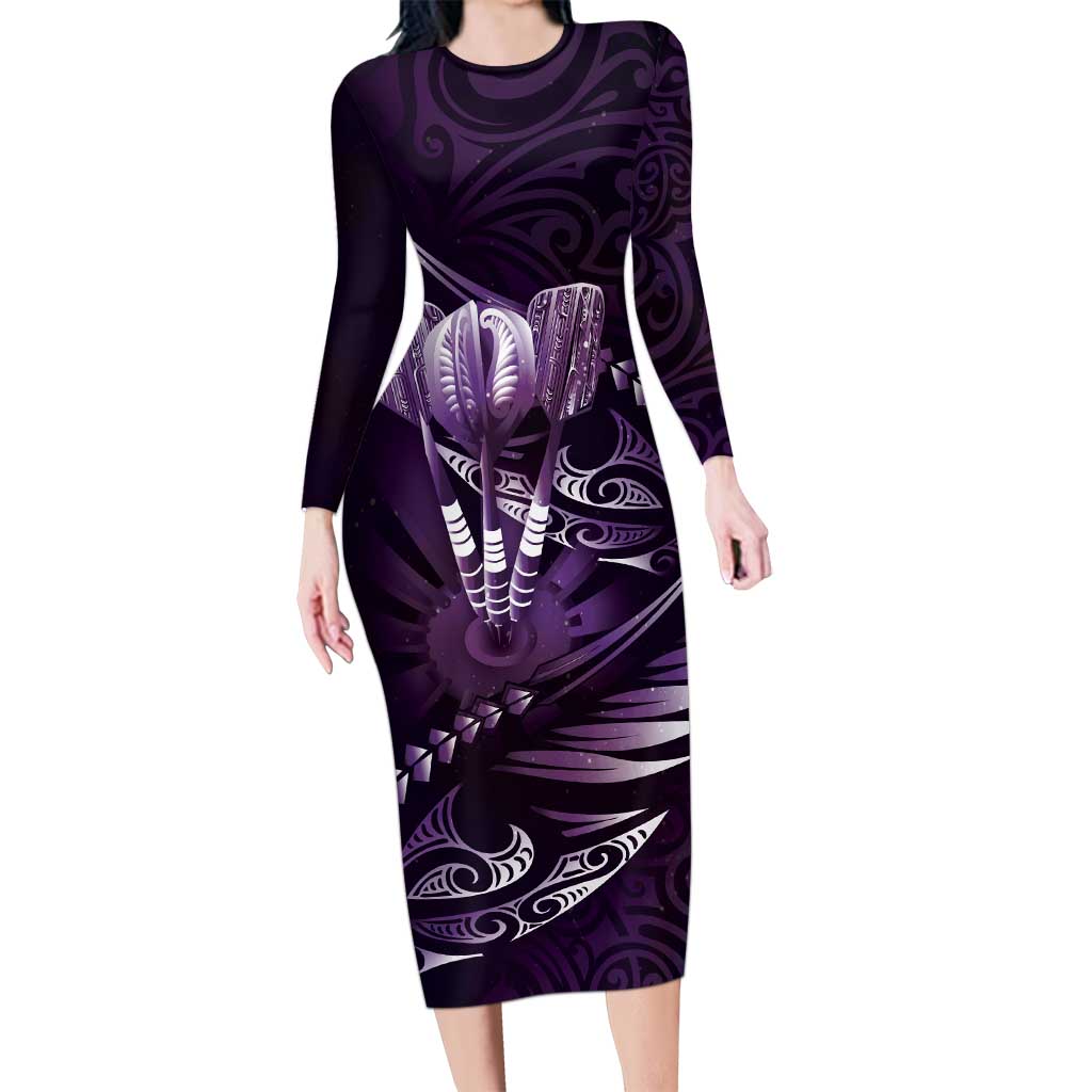 Personalised All Purple New Zealand Darts Long Sleeve Bodycon Dress Aoteroa Fern Maori Galaxy Style