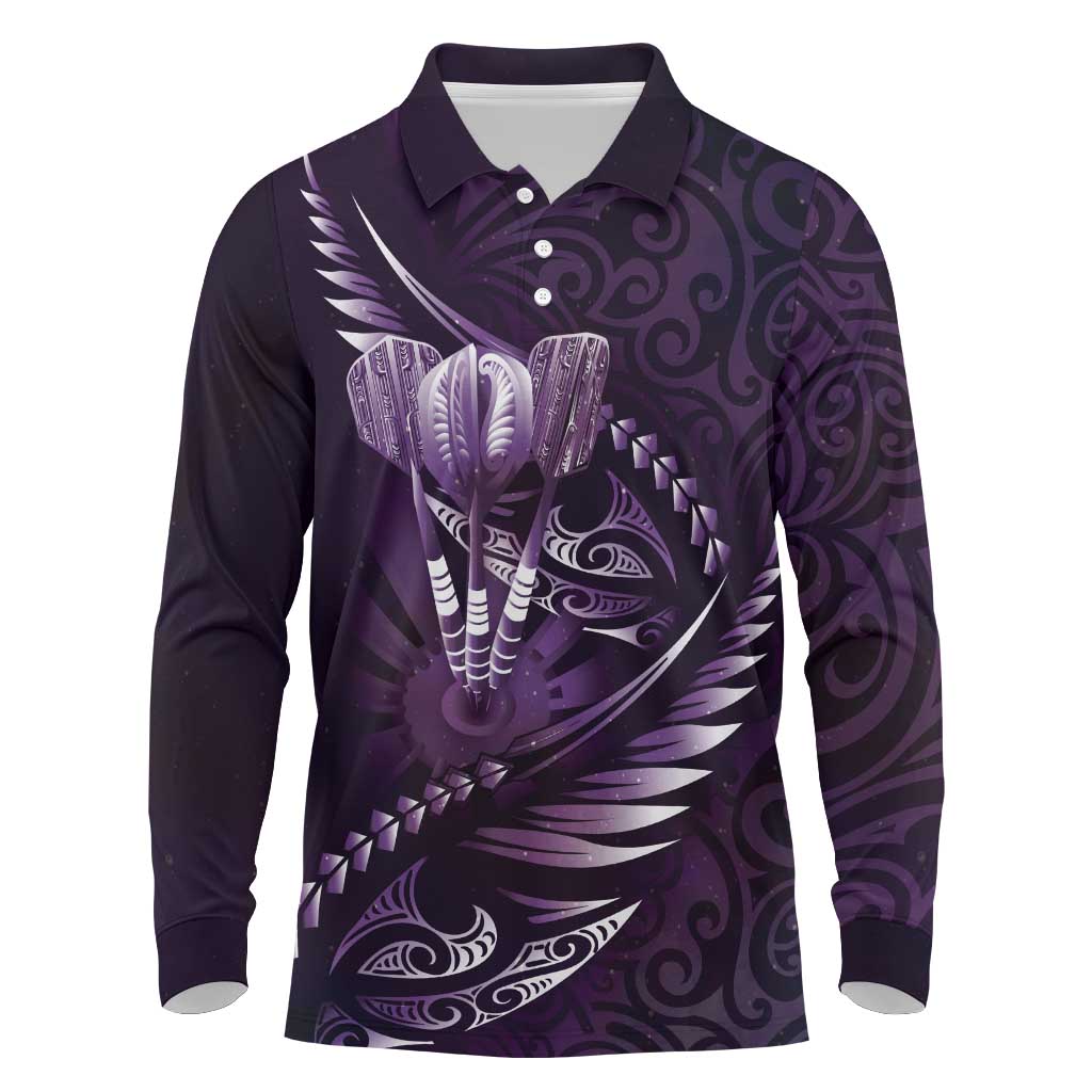 Personalised All Purple New Zealand Darts Long Sleeve Polo Shirt Aoteroa Fern Maori Galaxy Style