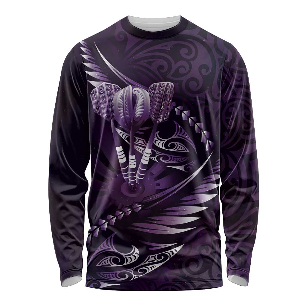 Personalised All Purple New Zealand Darts Long Sleeve Shirt Aoteroa Fern Maori Galaxy Style