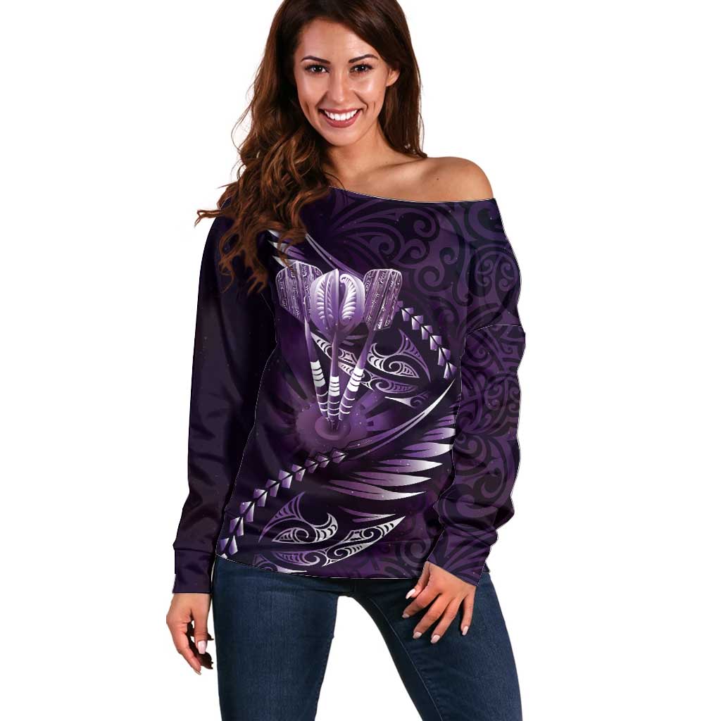 Personalised All Purple New Zealand Darts Off Shoulder Sweater Aoteroa Fern Maori Galaxy Style