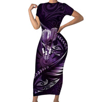Personalised All Purple New Zealand Darts Short Sleeve Bodycon Dress Aoteroa Fern Maori Galaxy Style