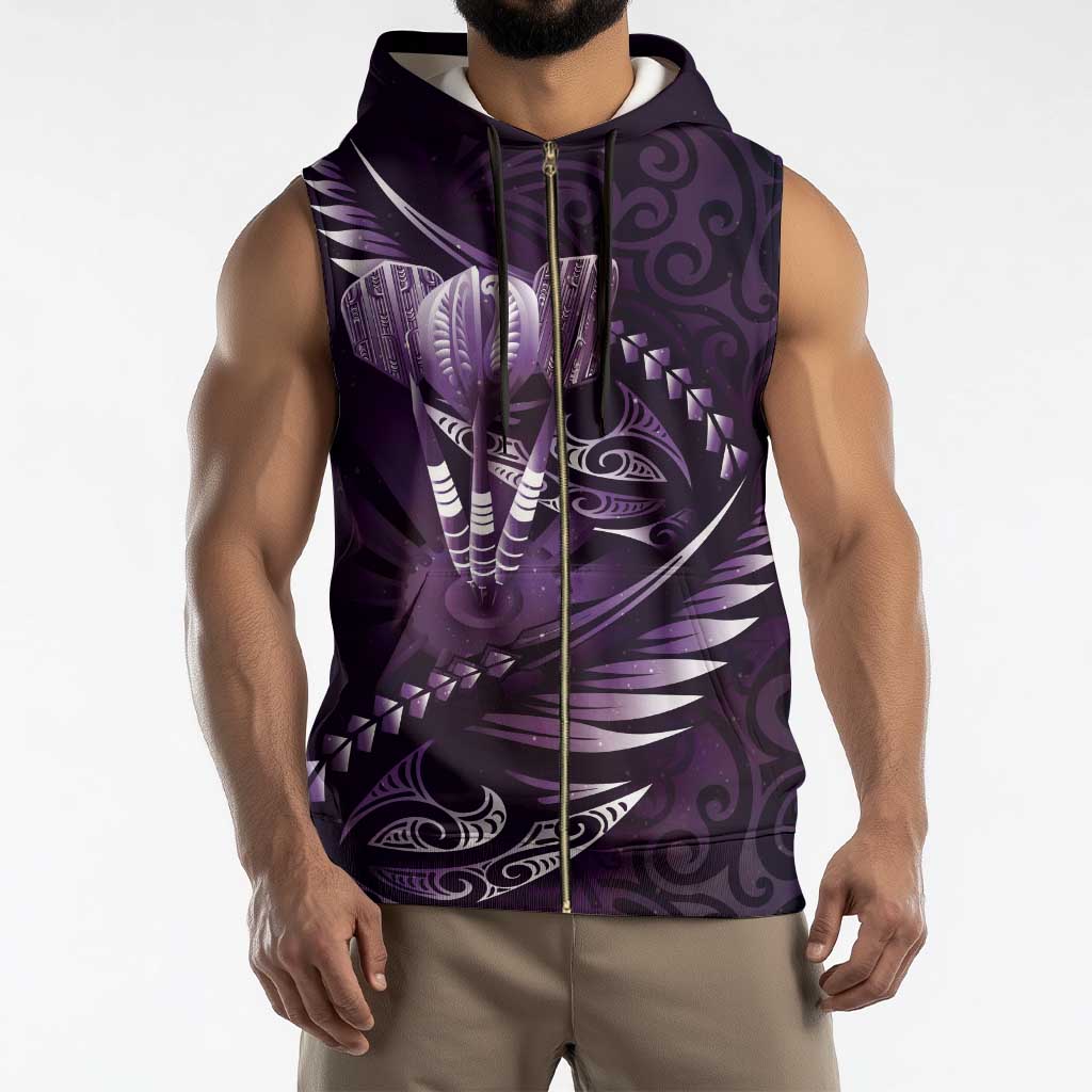 Personalised All Purple New Zealand Darts Sleeveless Zip Hoodie Aoteroa Fern Maori Galaxy Style - Polynesian Pride