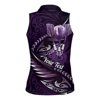 Personalised All Purple New Zealand Darts Women Sleeveless Polo Shirt Aoteroa Fern Maori Galaxy Style