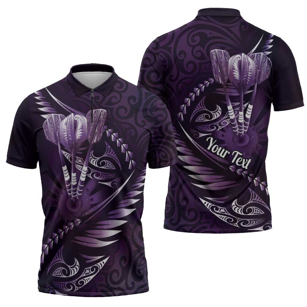 Personalised All Purple New Zealand Darts Zipper Polo Shirt Aoteroa Fern Maori Galaxy Style - Polynesian Pride