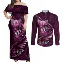 Personalised All Pink New Zealand Darts Couples Matching Off Shoulder Maxi Dress and Long Sleeve Button Shirt Aoteroa Fern Maori Galaxy Style