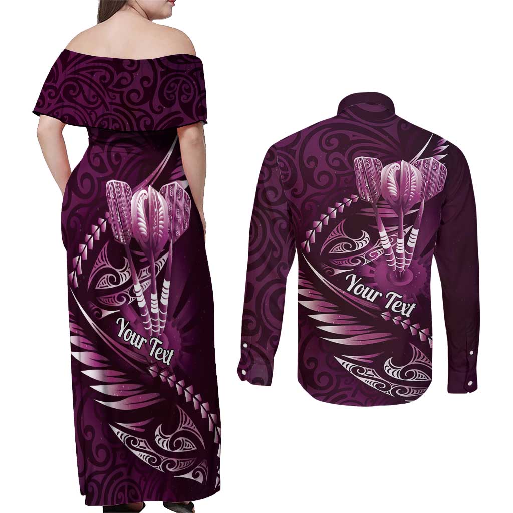 Personalised All Pink New Zealand Darts Couples Matching Off Shoulder Maxi Dress and Long Sleeve Button Shirt Aoteroa Fern Maori Galaxy Style