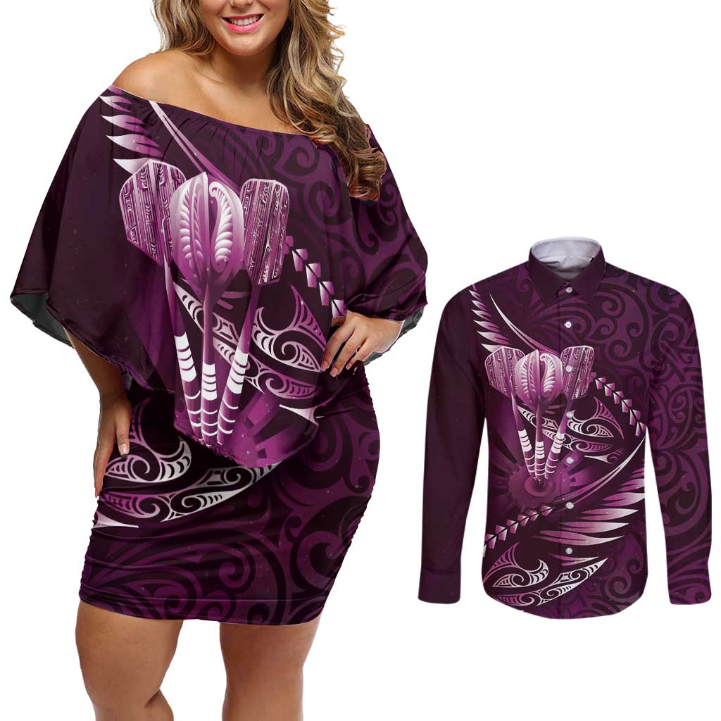Personalised All Pink New Zealand Darts Couples Matching Off Shoulder Short Dress and Long Sleeve Button Shirt Aoteroa Fern Maori Galaxy Style