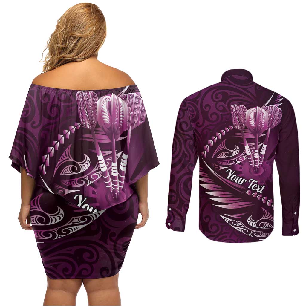 Personalised All Pink New Zealand Darts Couples Matching Off Shoulder Short Dress and Long Sleeve Button Shirt Aoteroa Fern Maori Galaxy Style