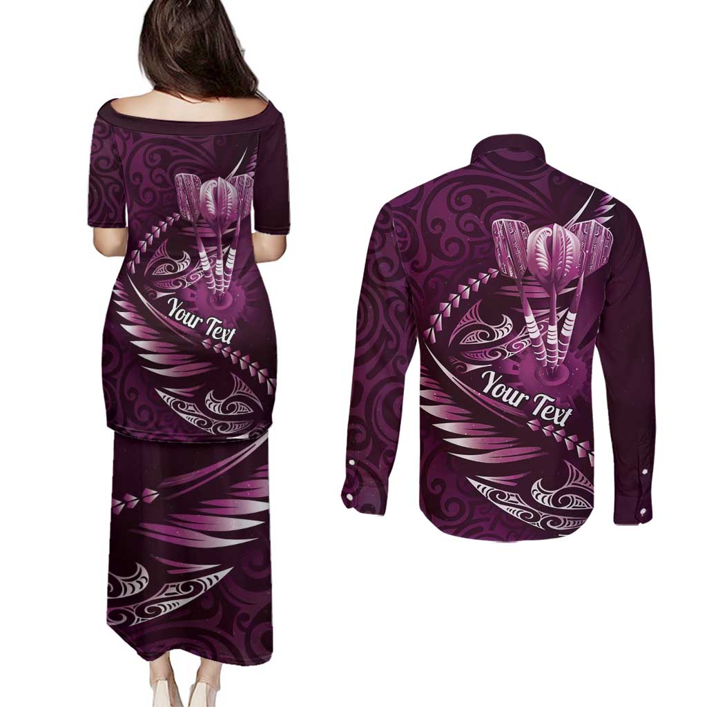 Personalised All Pink New Zealand Darts Couples Matching Puletasi and Long Sleeve Button Shirt Aoteroa Fern Maori Galaxy Style
