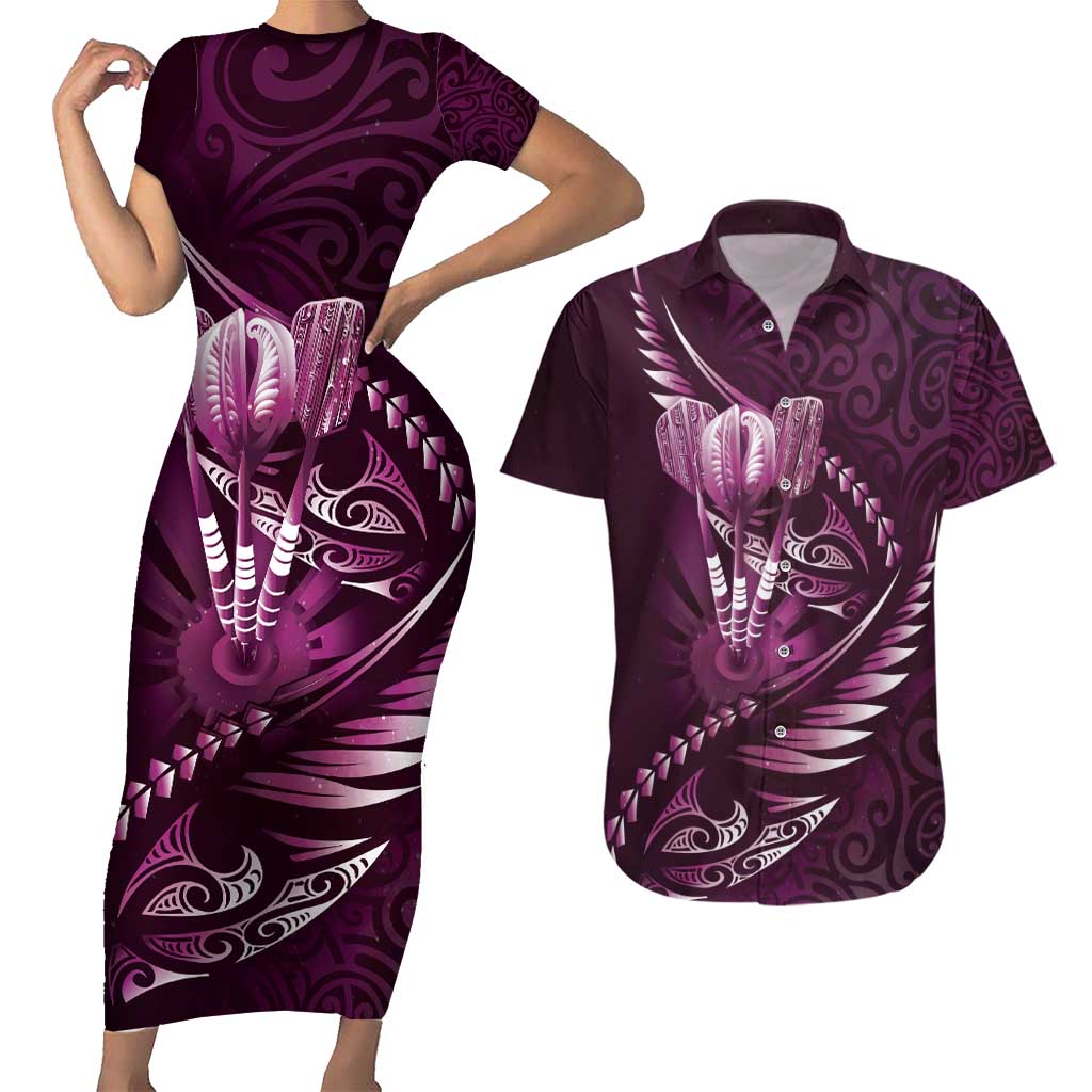 Personalised All Pink New Zealand Darts Couples Matching Short Sleeve Bodycon Dress and Hawaiian Shirt Aoteroa Fern Maori Galaxy Style