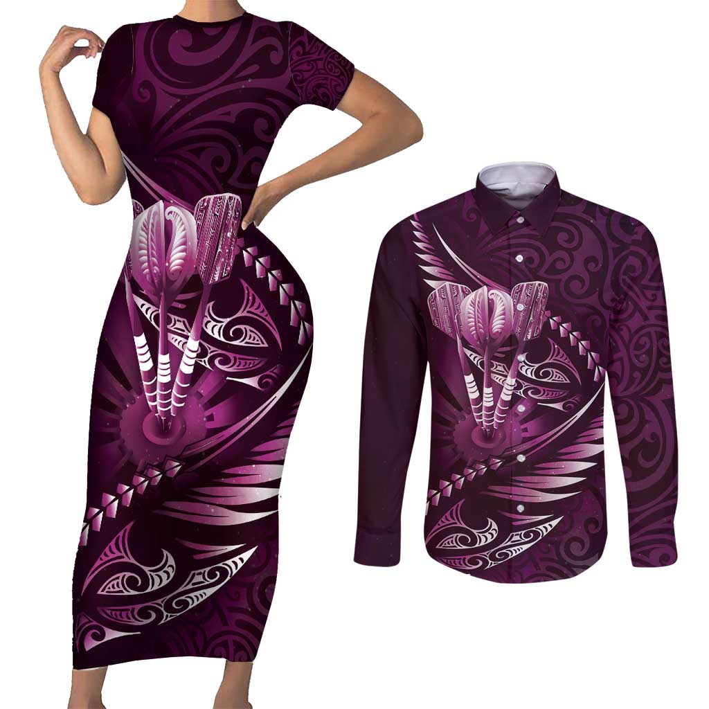 Personalised All Pink New Zealand Darts Couples Matching Short Sleeve Bodycon Dress and Long Sleeve Button Shirt Aoteroa Fern Maori Galaxy Style