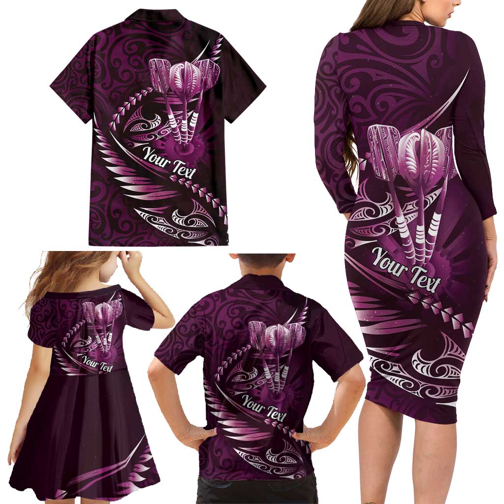 Personalised All Pink New Zealand Darts Family Matching Long Sleeve Bodycon Dress and Hawaiian Shirt Aoteroa Fern Maori Galaxy Style