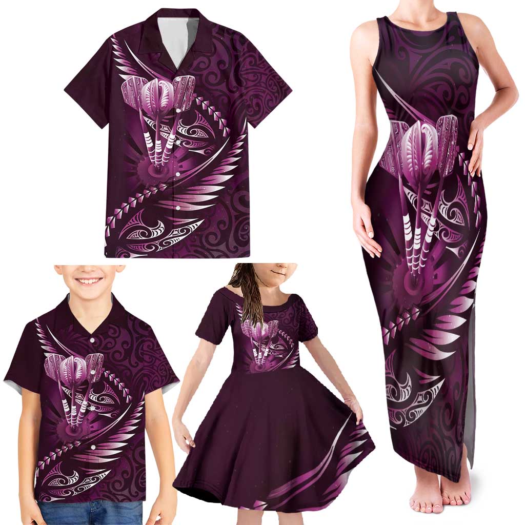 Personalised All Pink New Zealand Darts Family Matching Tank Maxi Dress and Hawaiian Shirt Aoteroa Fern Maori Galaxy Style