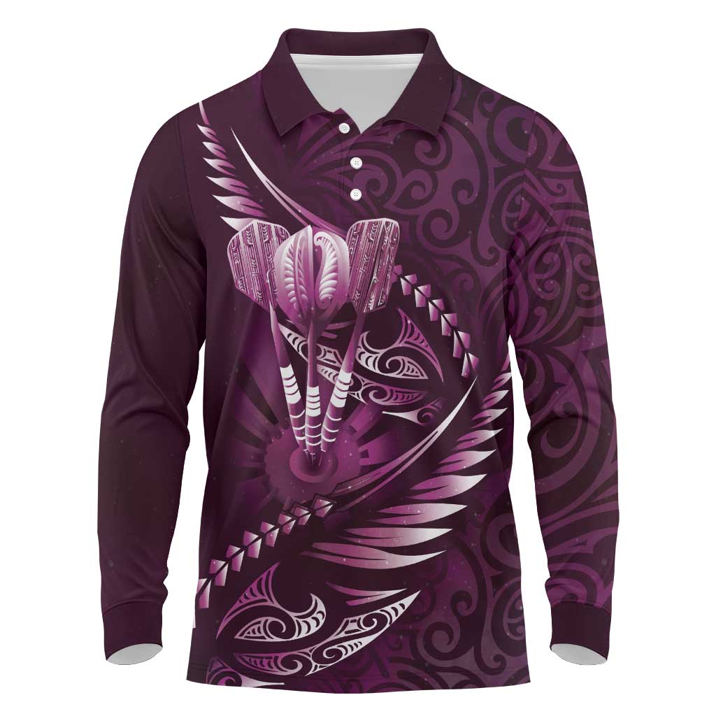 Personalised All Pink New Zealand Darts Long Sleeve Polo Shirt Aoteroa Fern Maori Galaxy Style