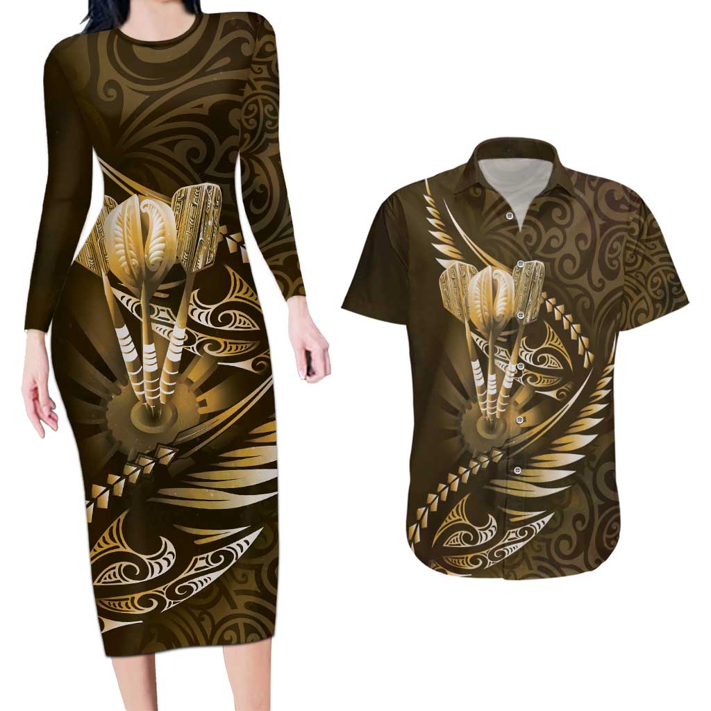 Personalised All Gold New Zealand Darts Couples Matching Long Sleeve Bodycon Dress and Hawaiian Shirt Aoteroa Fern Maori Galaxy Style