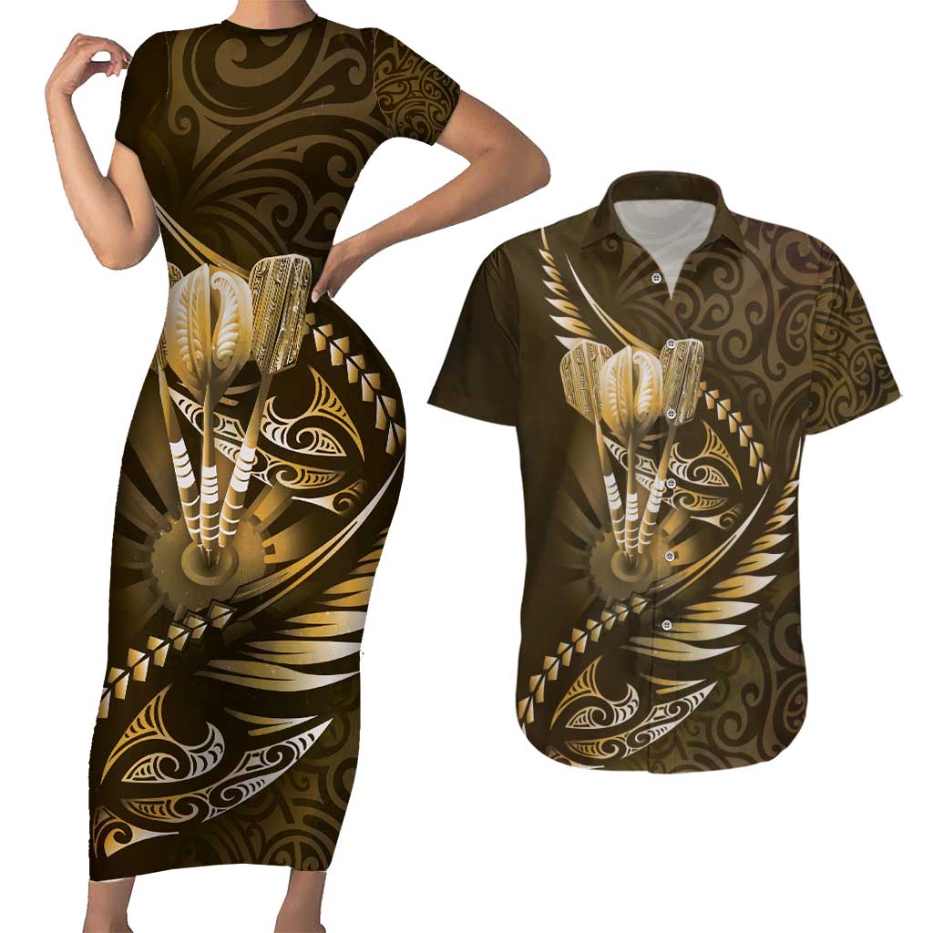 Personalised All Gold New Zealand Darts Couples Matching Short Sleeve Bodycon Dress and Hawaiian Shirt Aoteroa Fern Maori Galaxy Style