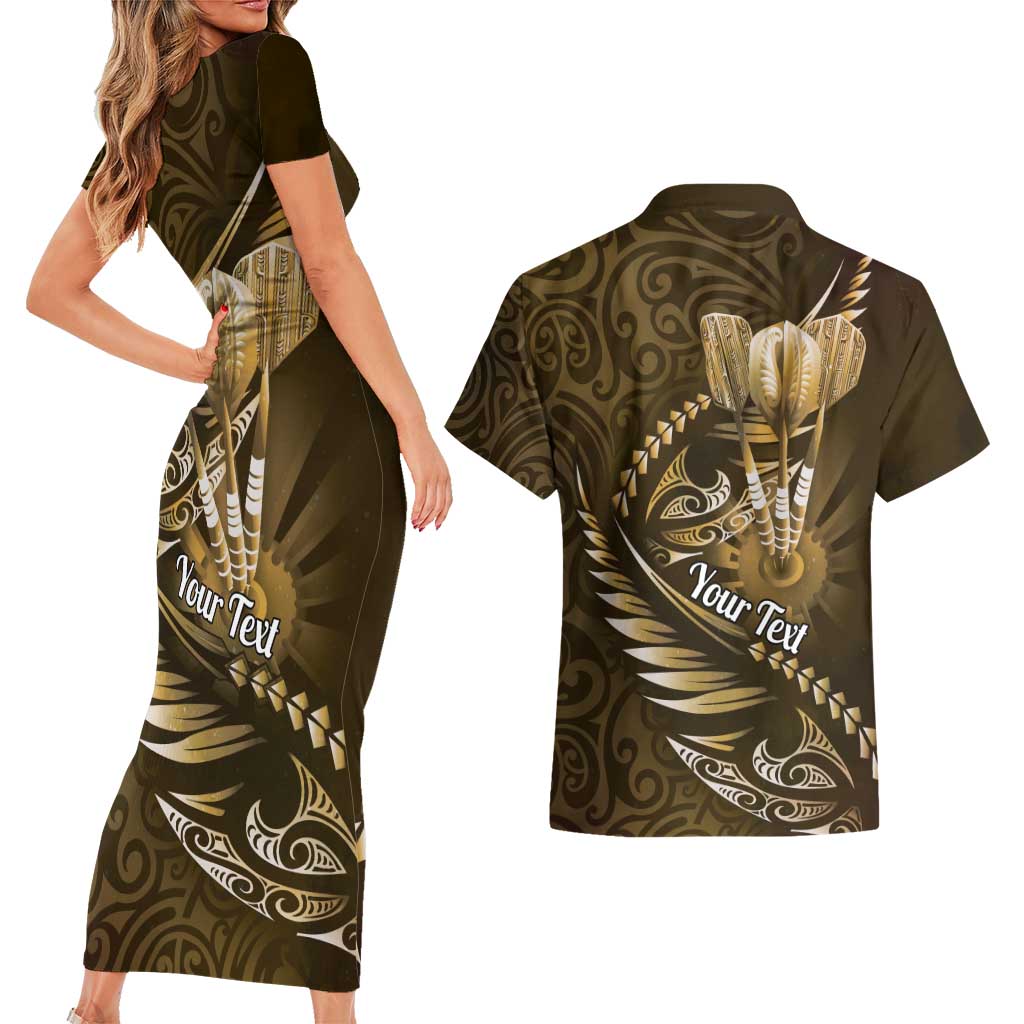 Personalised All Gold New Zealand Darts Couples Matching Short Sleeve Bodycon Dress and Hawaiian Shirt Aoteroa Fern Maori Galaxy Style