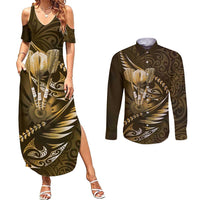 Personalised All Gold New Zealand Darts Couples Matching Summer Maxi Dress and Long Sleeve Button Shirt Aoteroa Fern Maori Galaxy Style