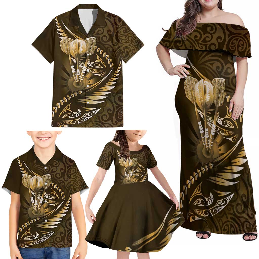 Personalised All Gold New Zealand Darts Family Matching Off Shoulder Maxi Dress and Hawaiian Shirt Aoteroa Fern Maori Galaxy Style