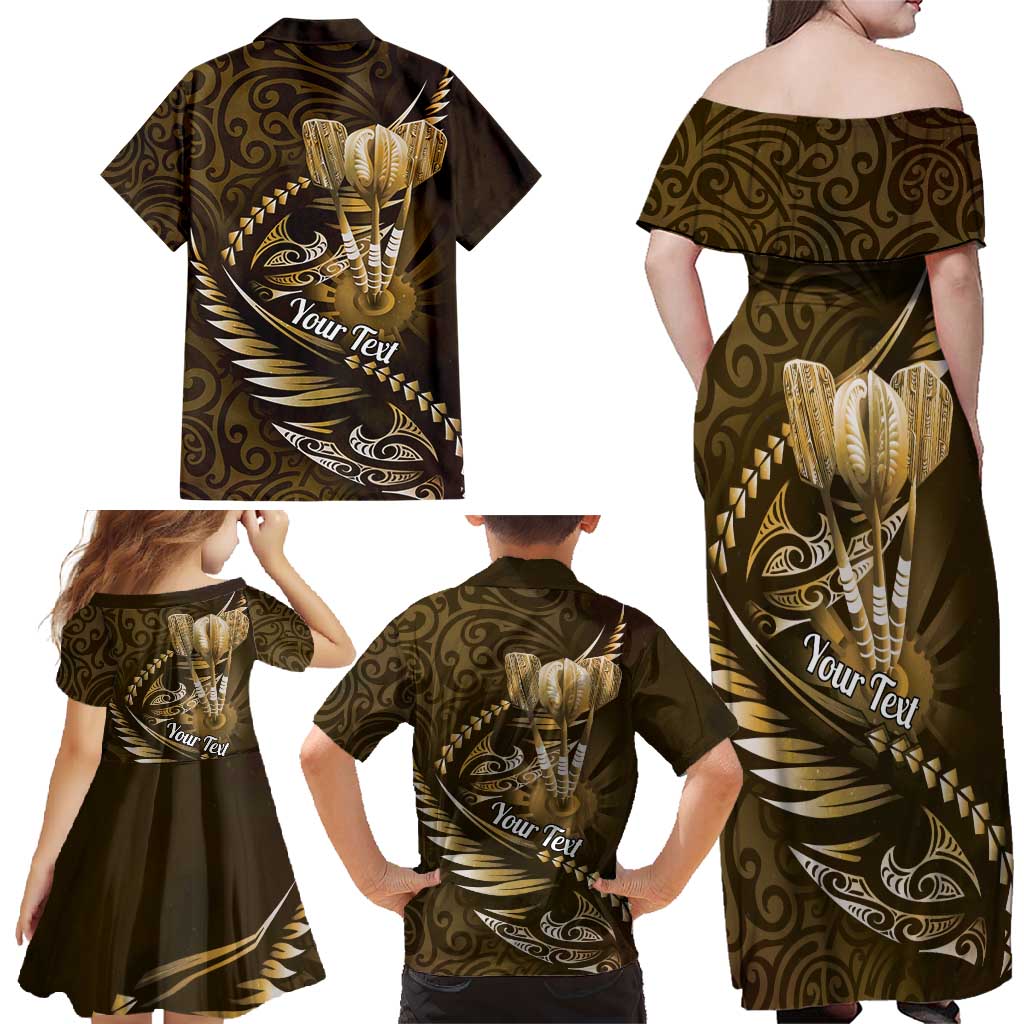 Personalised All Gold New Zealand Darts Family Matching Off Shoulder Maxi Dress and Hawaiian Shirt Aoteroa Fern Maori Galaxy Style