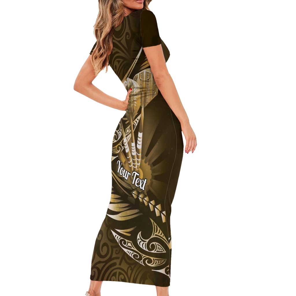 Personalised All Gold New Zealand Darts Family Matching Short Sleeve Bodycon Dress and Hawaiian Shirt Aoteroa Fern Maori Galaxy Style