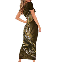 Personalised All Gold New Zealand Darts Family Matching Short Sleeve Bodycon Dress and Hawaiian Shirt Aoteroa Fern Maori Galaxy Style