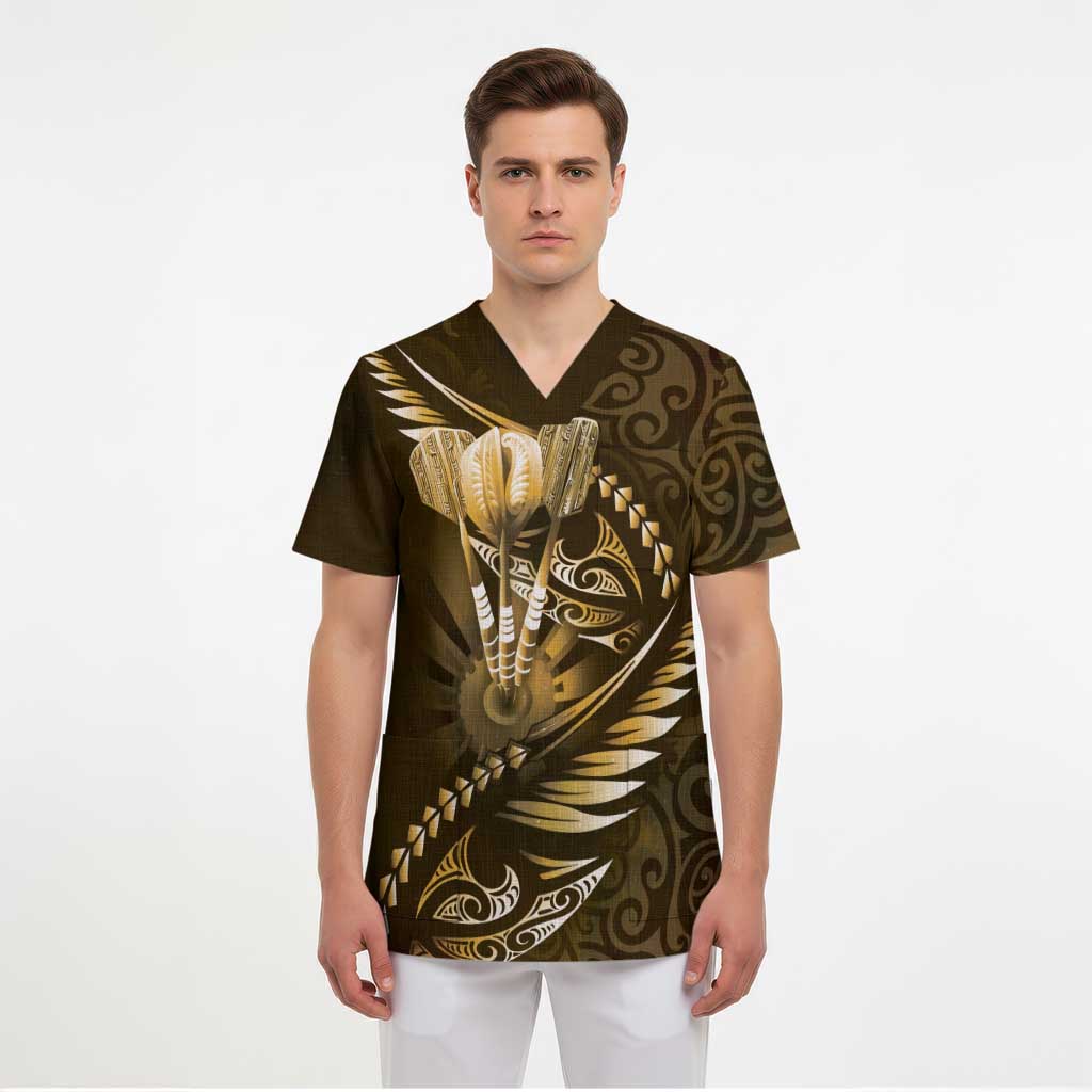 Personalised All Gold New Zealand Darts Scrub Top Aoteroa Fern Maori Galaxy Style - Polynesian Pride