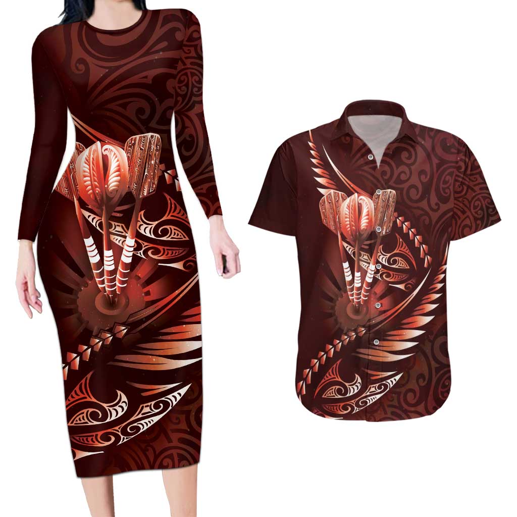 Personalised All Red New Zealand Darts Couples Matching Long Sleeve Bodycon Dress and Hawaiian Shirt Aoteroa Fern Maori Galaxy Style