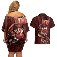 Personalised All Red New Zealand Darts Couples Matching Off Shoulder Short Dress and Hawaiian Shirt Aoteroa Fern Maori Galaxy Style