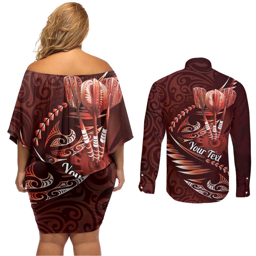 Personalised All Red New Zealand Darts Couples Matching Off Shoulder Short Dress and Long Sleeve Button Shirt Aoteroa Fern Maori Galaxy Style