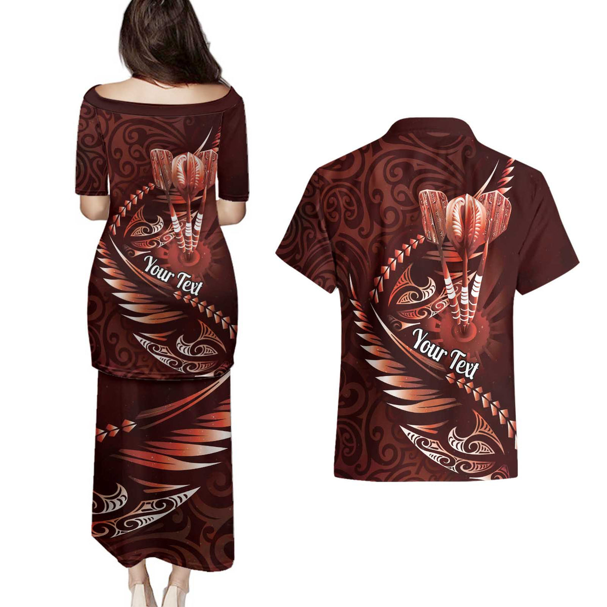 Personalised All Red New Zealand Darts Couples Matching Puletasi and Hawaiian Shirt Aoteroa Fern Maori Galaxy Style