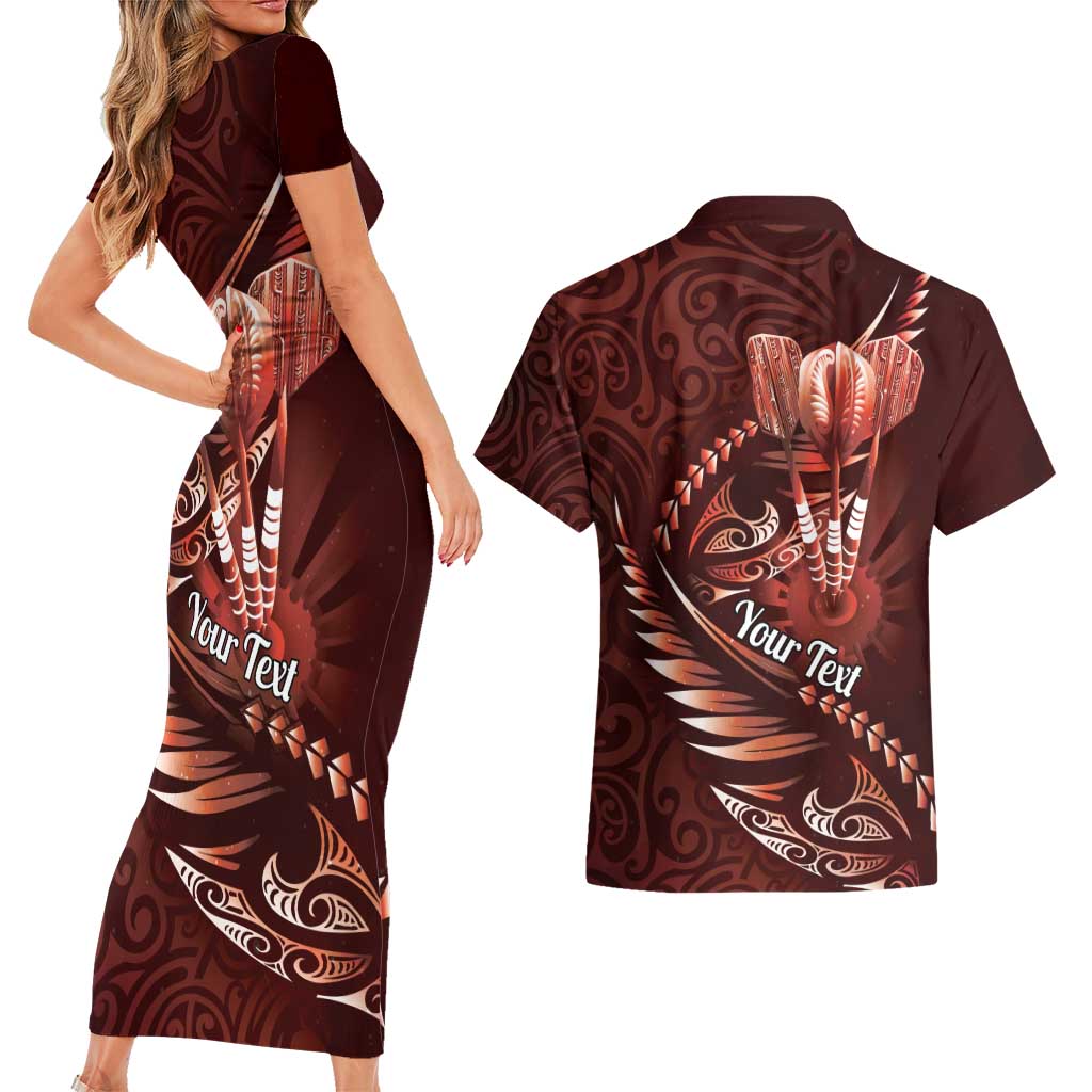 Personalised All Red New Zealand Darts Couples Matching Short Sleeve Bodycon Dress and Hawaiian Shirt Aoteroa Fern Maori Galaxy Style