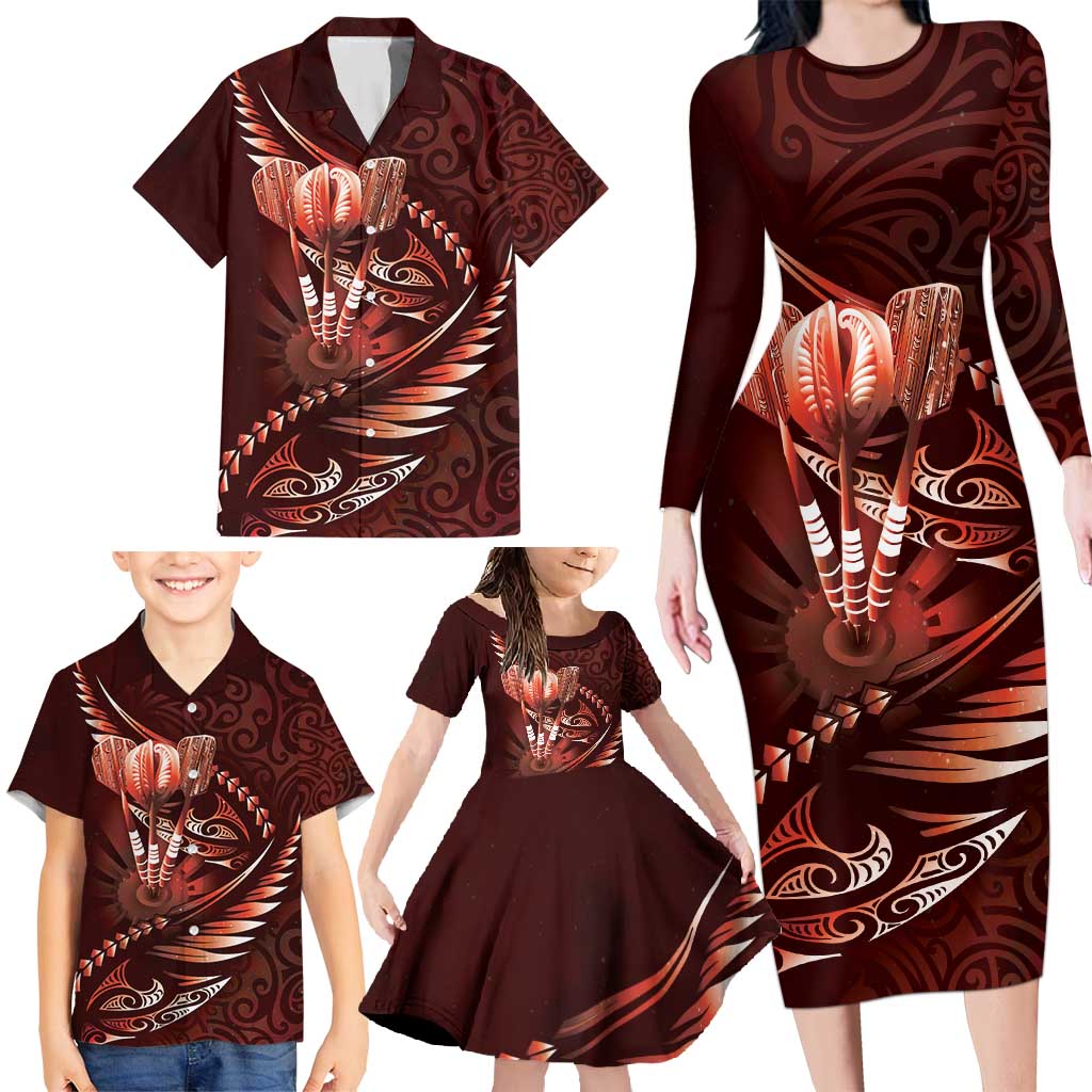 Personalised All Red New Zealand Darts Family Matching Long Sleeve Bodycon Dress and Hawaiian Shirt Aoteroa Fern Maori Galaxy Style