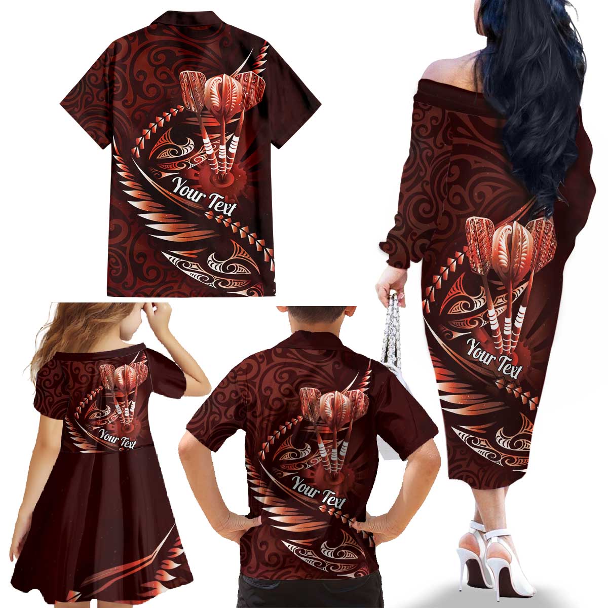 Personalised All Red New Zealand Darts Family Matching Off The Shoulder Long Sleeve Dress and Hawaiian Shirt Aoteroa Fern Maori Galaxy Style