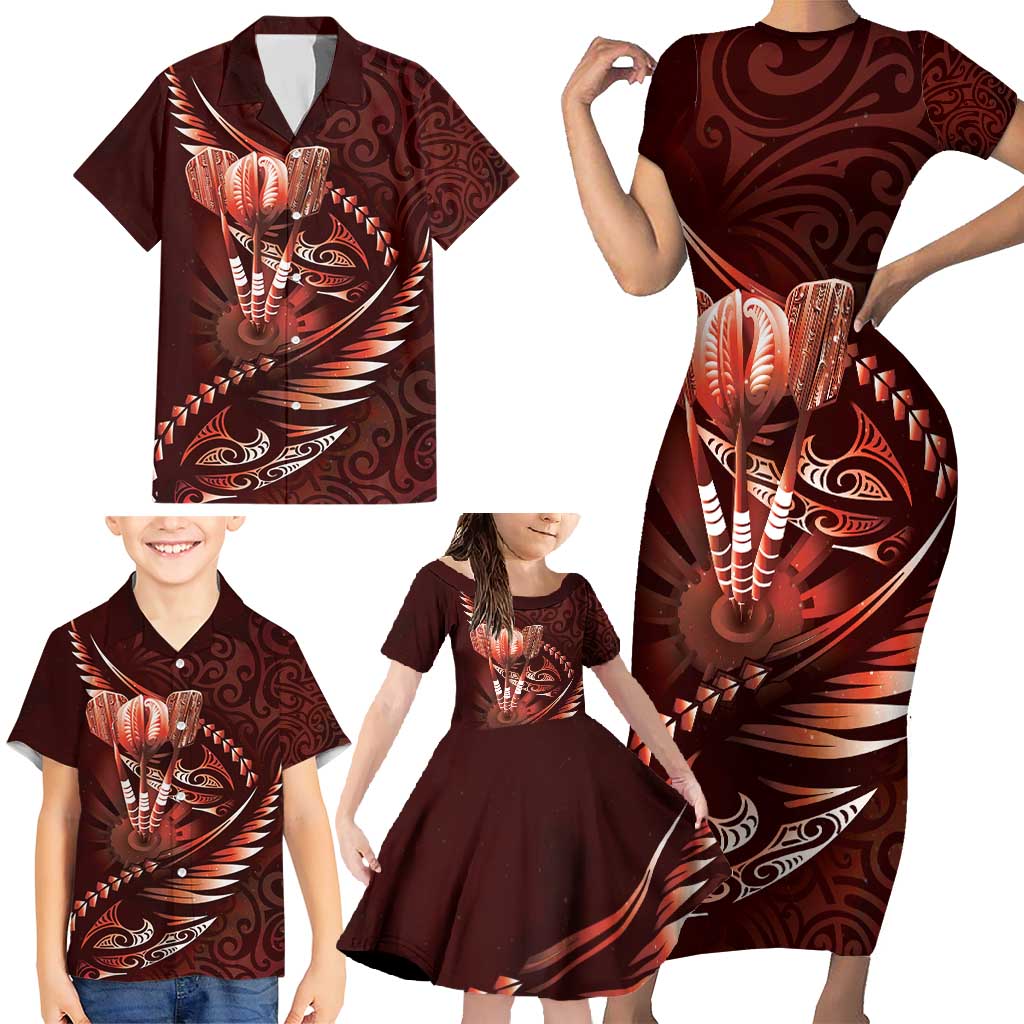 Personalised All Red New Zealand Darts Family Matching Short Sleeve Bodycon Dress and Hawaiian Shirt Aoteroa Fern Maori Galaxy Style
