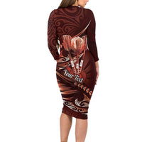 Personalised All Red New Zealand Darts Long Sleeve Bodycon Dress Aoteroa Fern Maori Galaxy Style