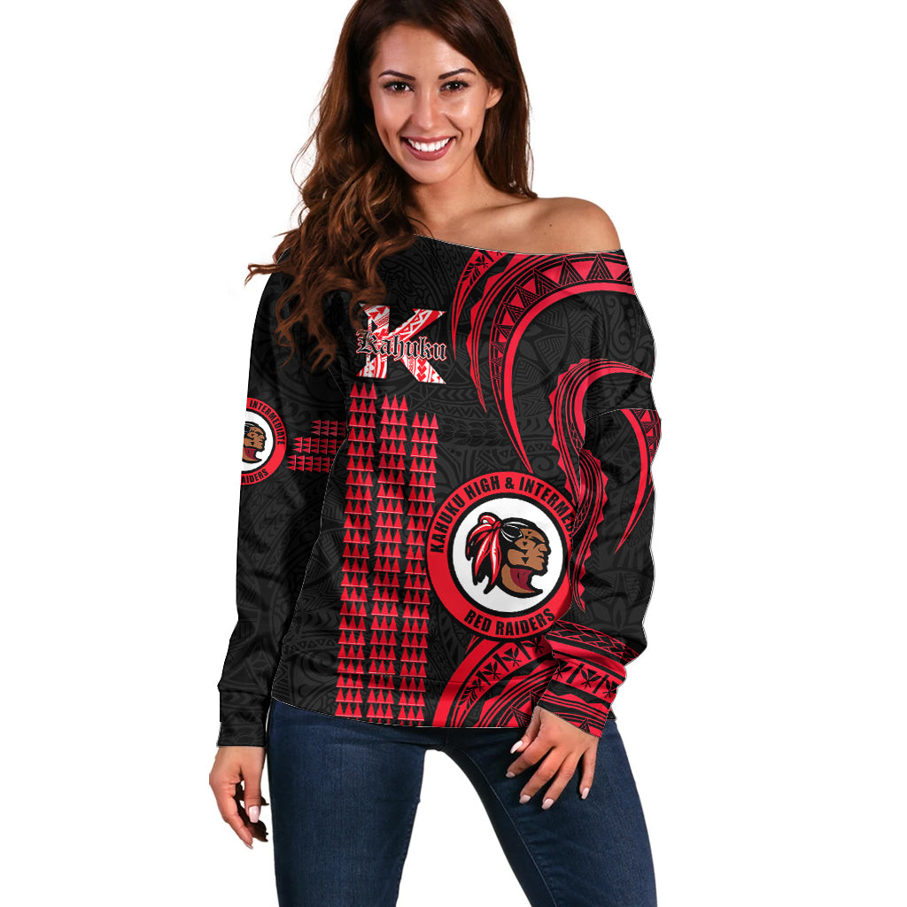 Hawaii Kahuku High And Intermediate School Off Shoulder Sweater Red Raiders Kakau Pattern LT14 Women Red - Polynesian Pride